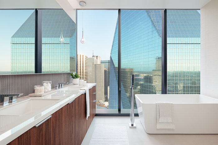 Bathroom with a city view