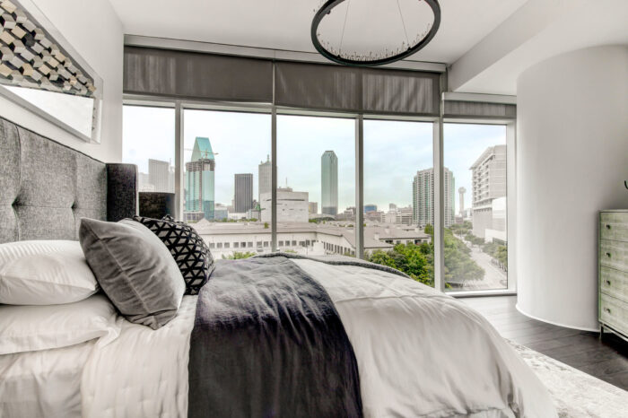 Bedroom with a city view