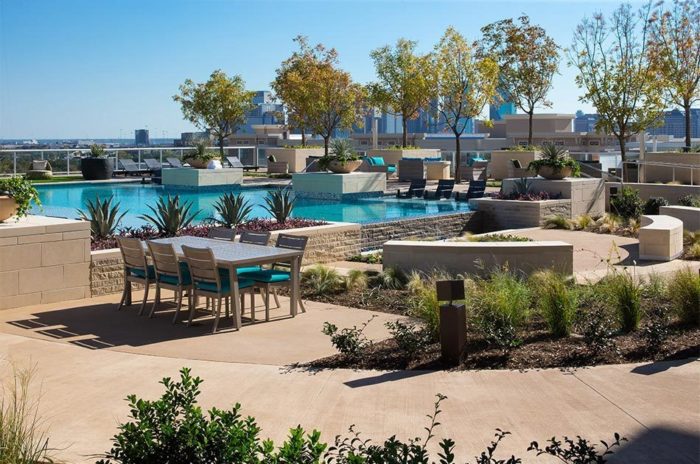 Swimming pool with lots of trees and plants