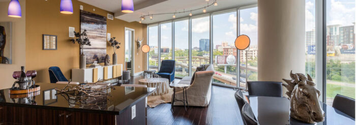 Living room with a view of downtown Dallas