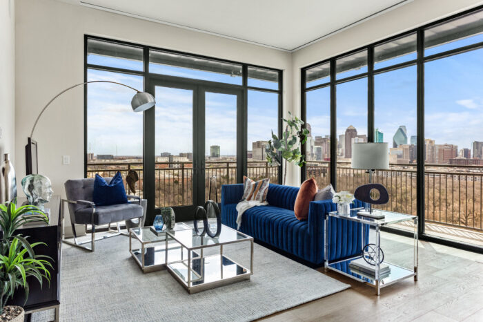 Living room with a blue couch