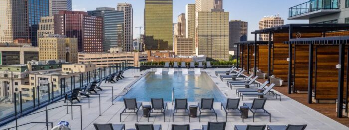 Rooftop pool with a city view
