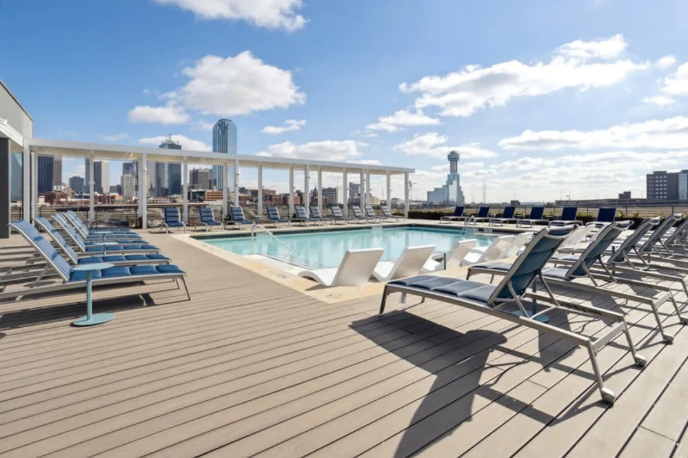 Rooftop pool at The Margaret at Riverfront in Dallas Texas with skyline views near Uptown Dallas and Downtown Dallas